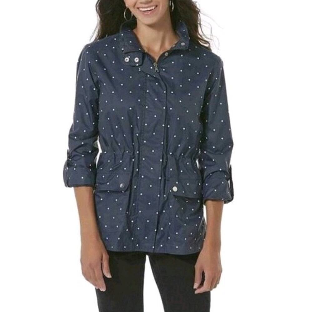 Laura Scott Petite MP Navy/White Polka Dot Zip Snap Rain Jacket Drawstring Waist